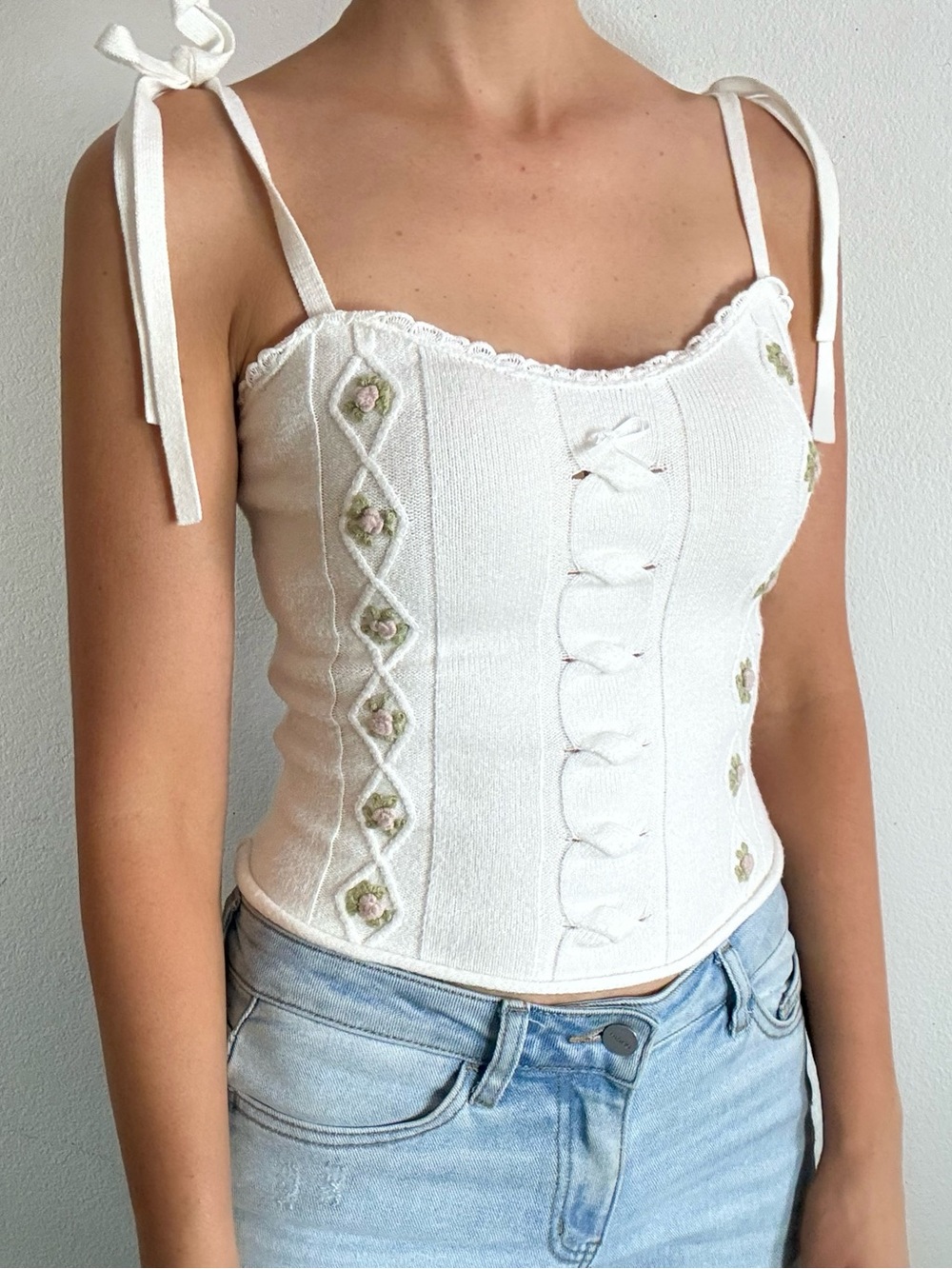 Kimchi Blue urban outfitters white knit tie strap rose prairie top cottage